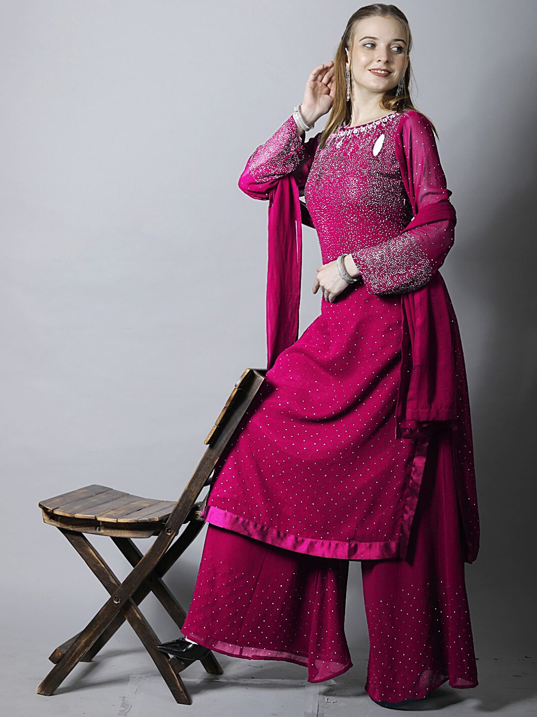 Magenta Pink Zircon Embellished Kurta Set with Flared Palazzo