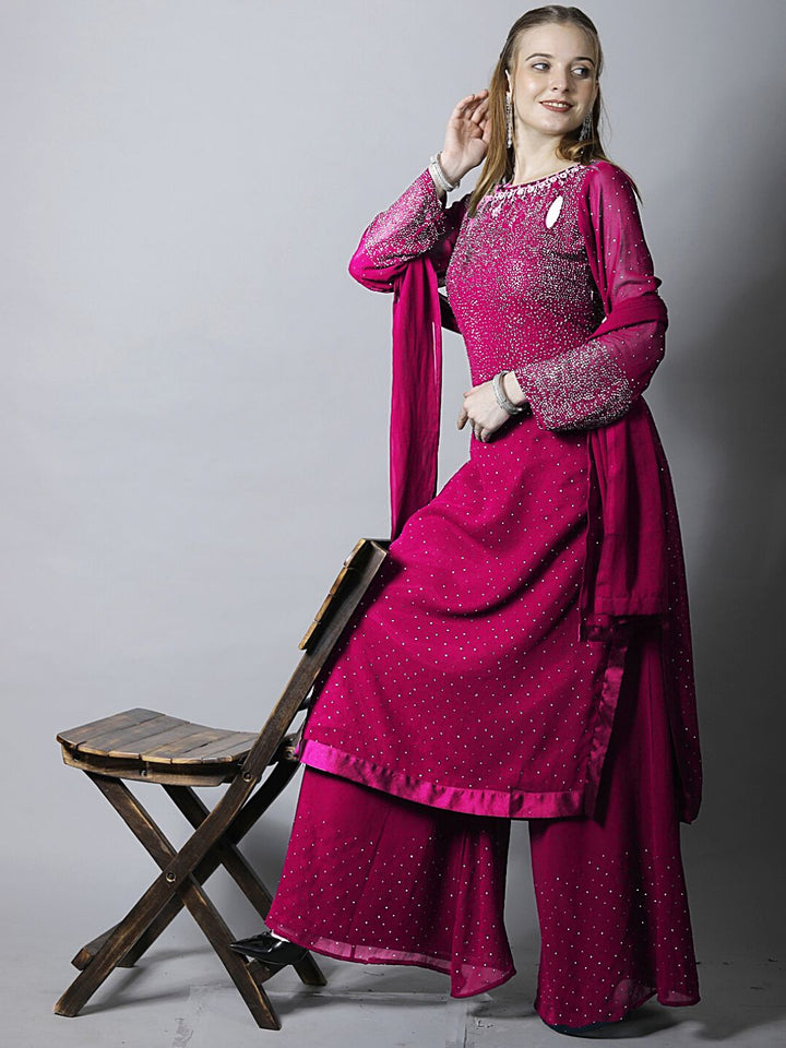 Magenta Pink Zircon Embellished Kurta Set with Flared Palazzo