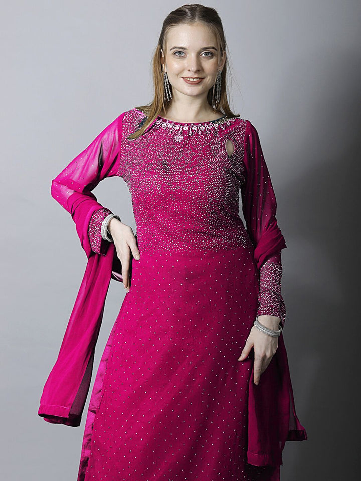 Magenta Pink Zircon Embellished Kurta Set with Flared Palazzo