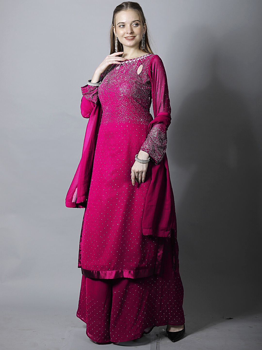 Magenta Pink Zircon Embellished Kurta Set with Flared Palazzo