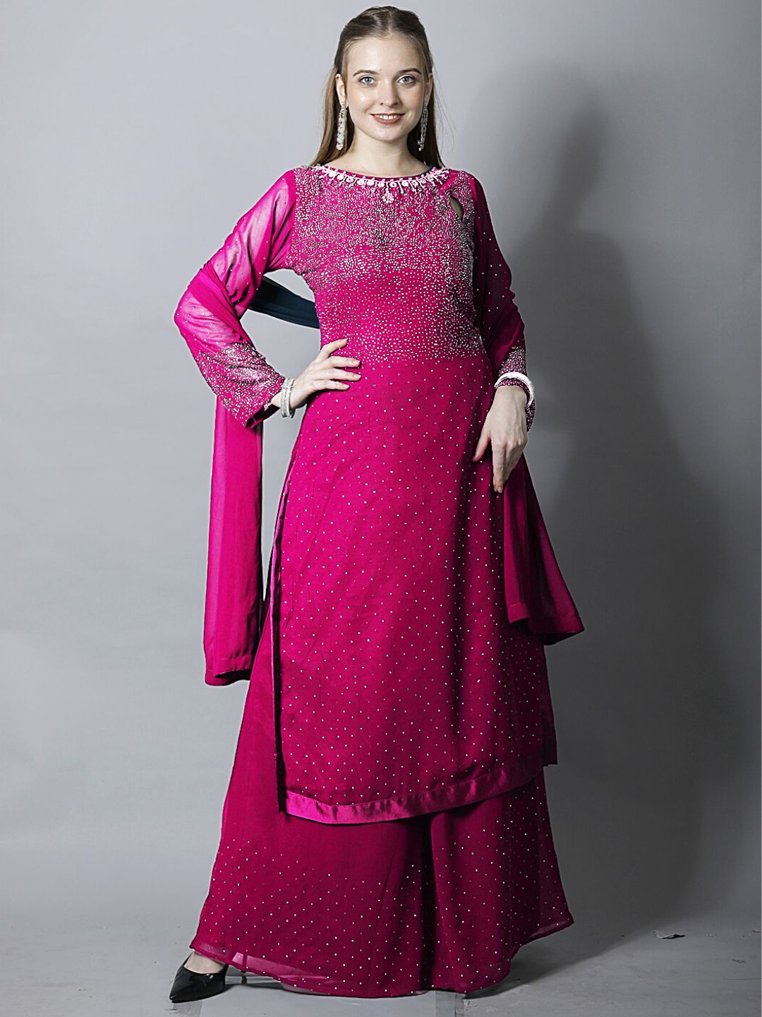 Magenta Pink Zircon Embellished Kurta Set with Flared Palazzo