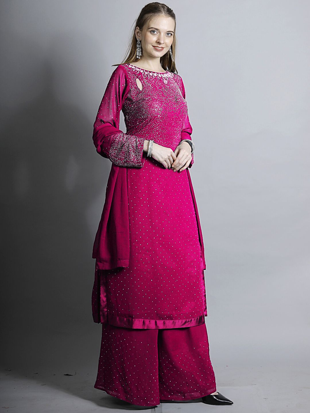 Magenta Pink Zircon Embellished Kurta Set with Flared Palazzo