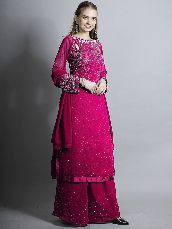 Magenta Pink Zircon Embellished Kurta Set with Flared Palazzo