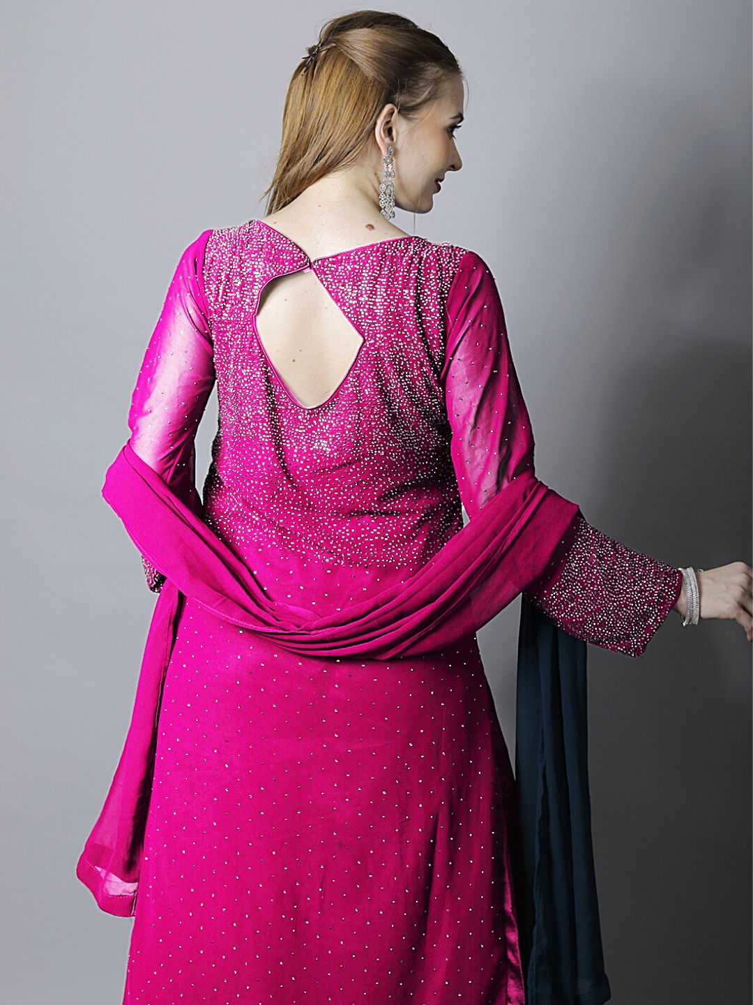 Magenta Pink Zircon Embellished Kurta Set with Flared Palazzo