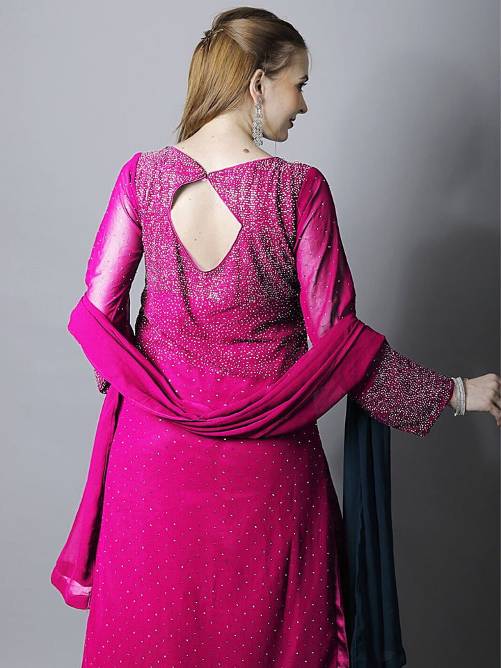 Magenta Pink Zircon Embellished Kurta Set with Flared Palazzo