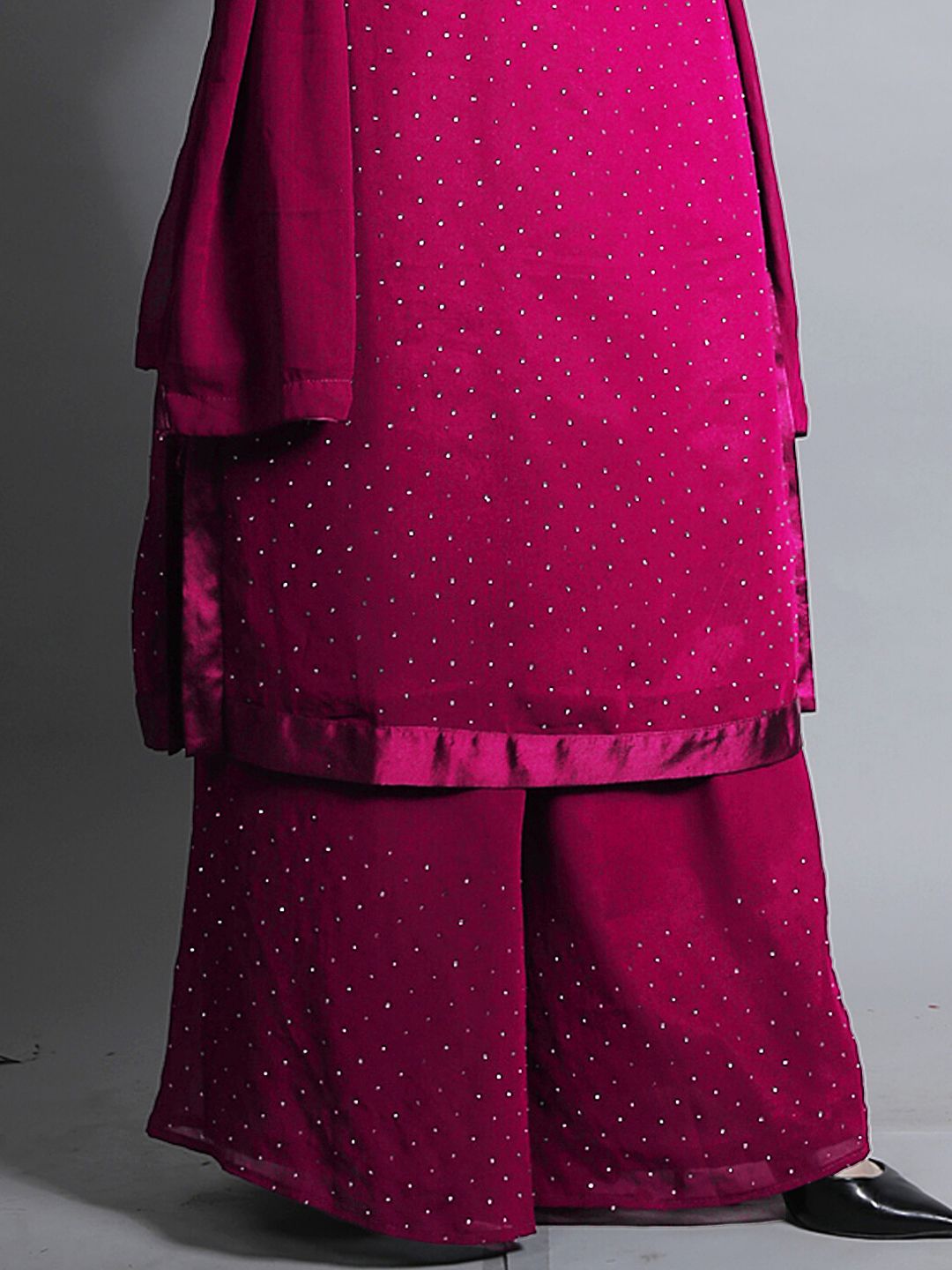 Magenta Pink Zircon Embellished Kurta Set with Flared Palazzo