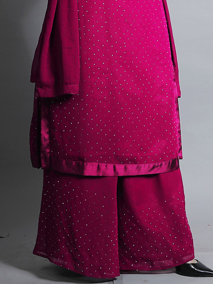 Magenta Pink Zircon Embellished Kurta Set with Flared Palazzo