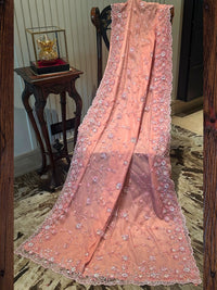 Peach Floral Embroidered Net Saree