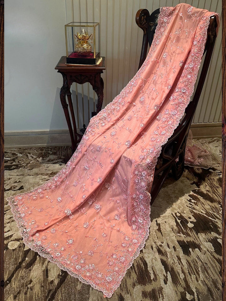 Peach Floral Embroidered Net Saree