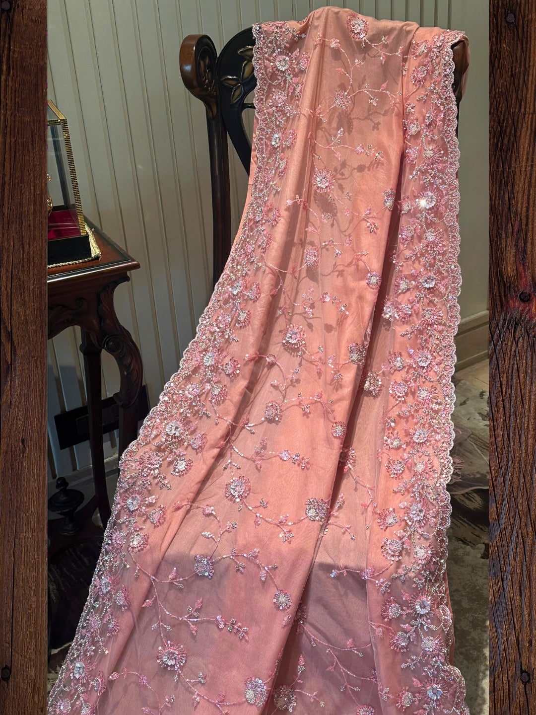 Peach Floral Embroidered Net Saree