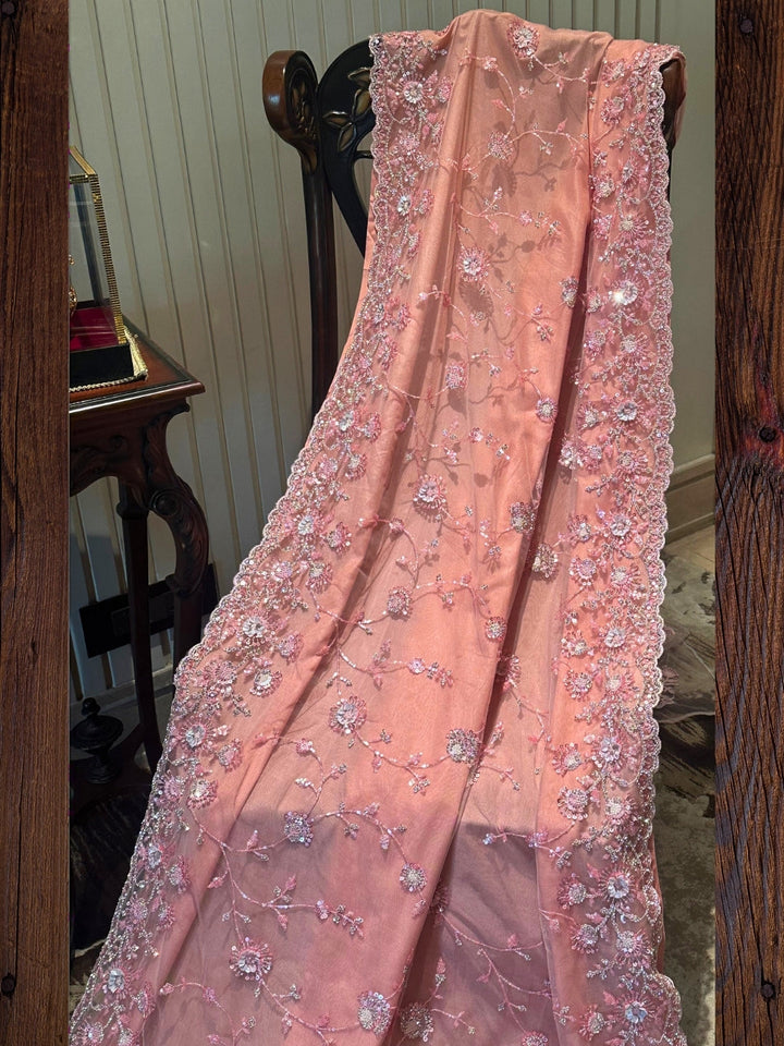 Peach Floral Embroidered Net Saree