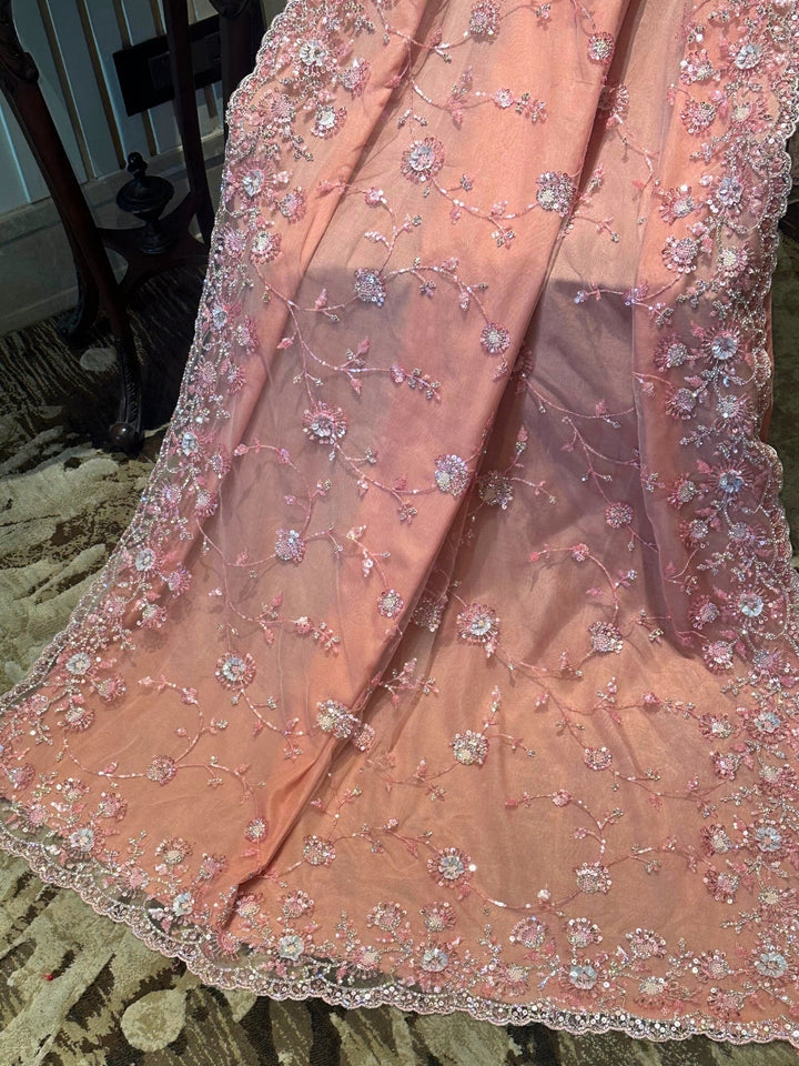Peach Floral Embroidered Net Saree