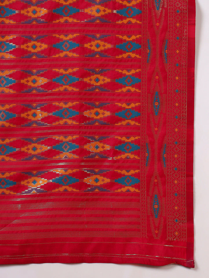 Rich Ikat Pochampally Silk Saree with Meenakari Weaving & Contrast Border