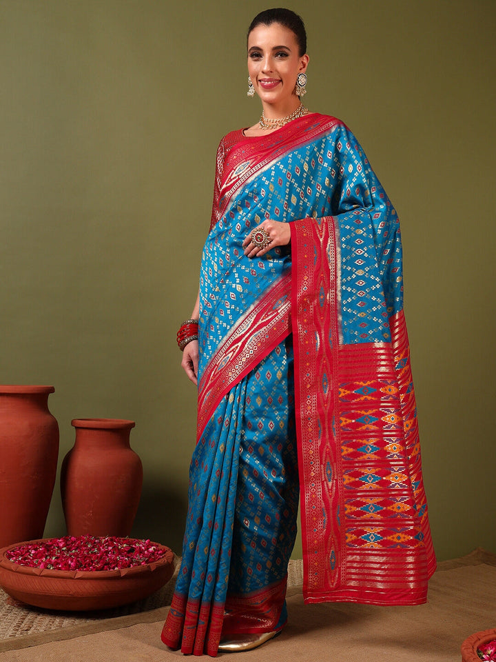 Rich Ikat Pochampally Silk Saree with Meenakari Weaving & Contrast Border