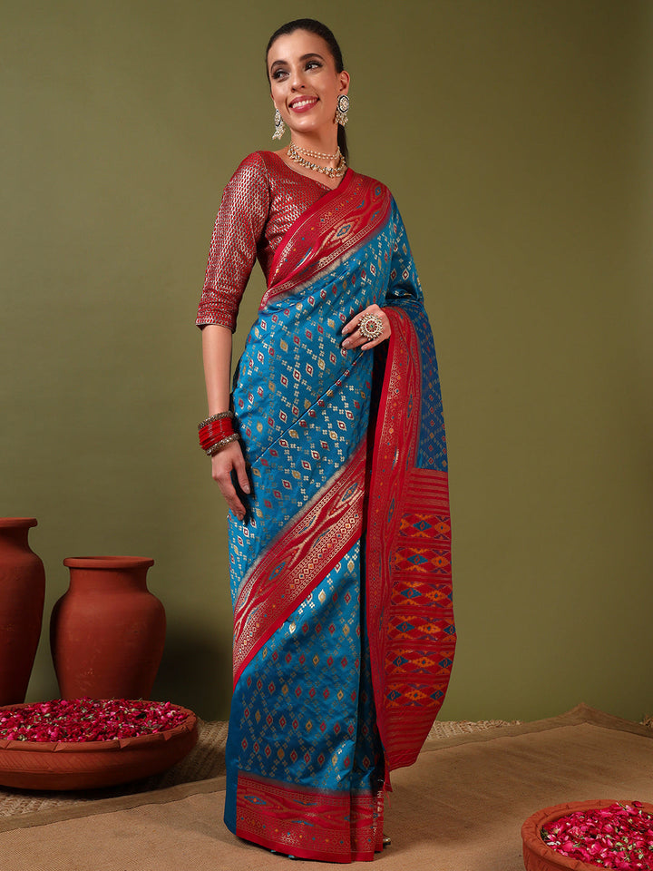 Rich Ikat Pochampally Silk Saree with Meenakari Weaving & Contrast Border