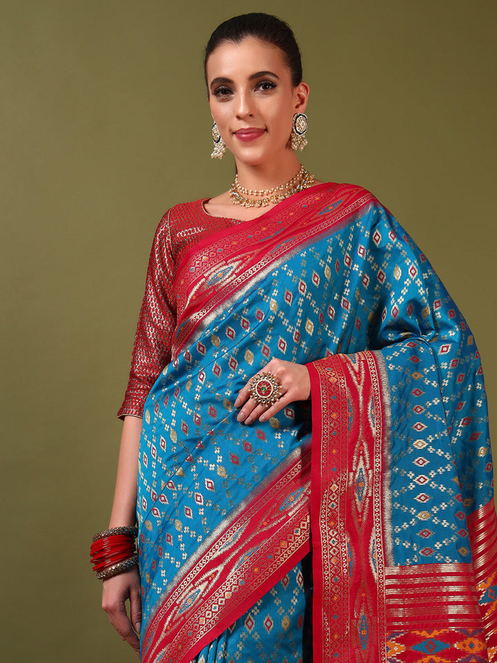 Rich Ikat Pochampally Silk Saree with Meenakari Weaving & Contrast Border