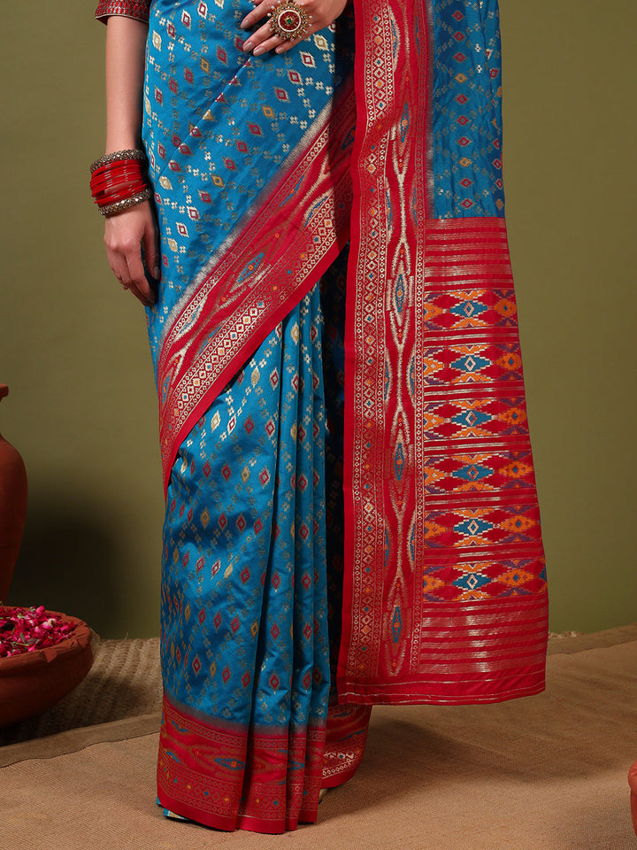 Rich Ikat Pochampally Silk Saree with Meenakari Weaving & Contrast Border