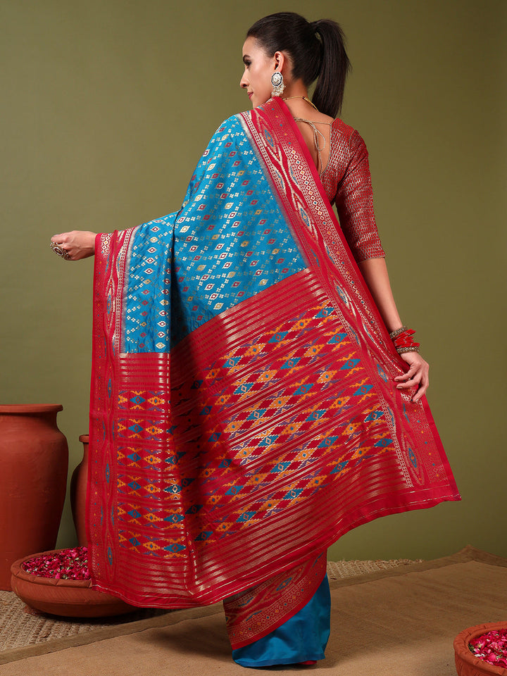 Rich Ikat Pochampally Silk Saree with Meenakari Weaving & Contrast Border