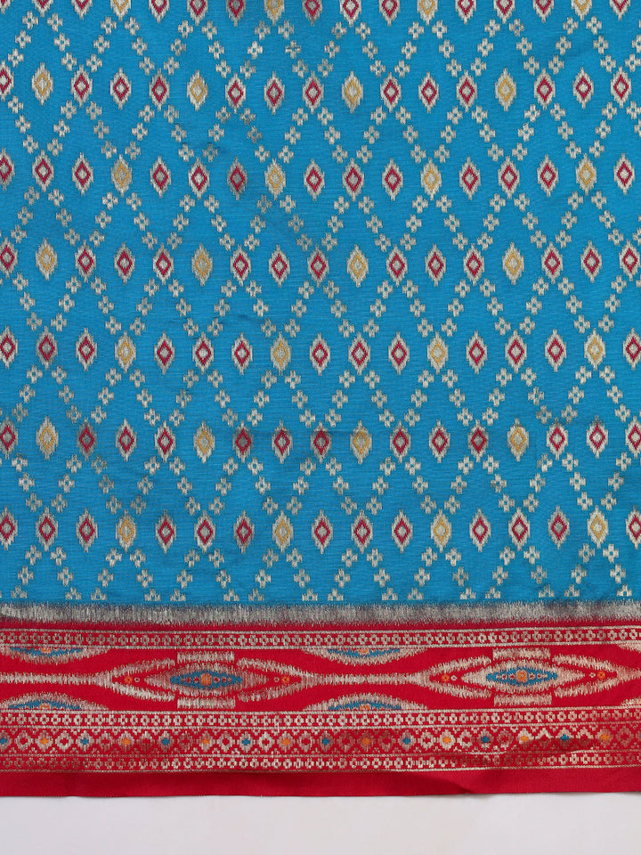 Rich Ikat Pochampally Silk Saree with Meenakari Weaving & Contrast Border