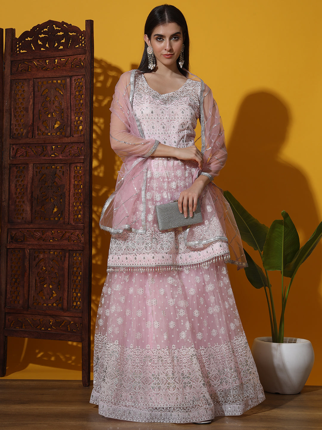 Pastel Chikankari Embroidered Kalidar Lehenga Choli Set