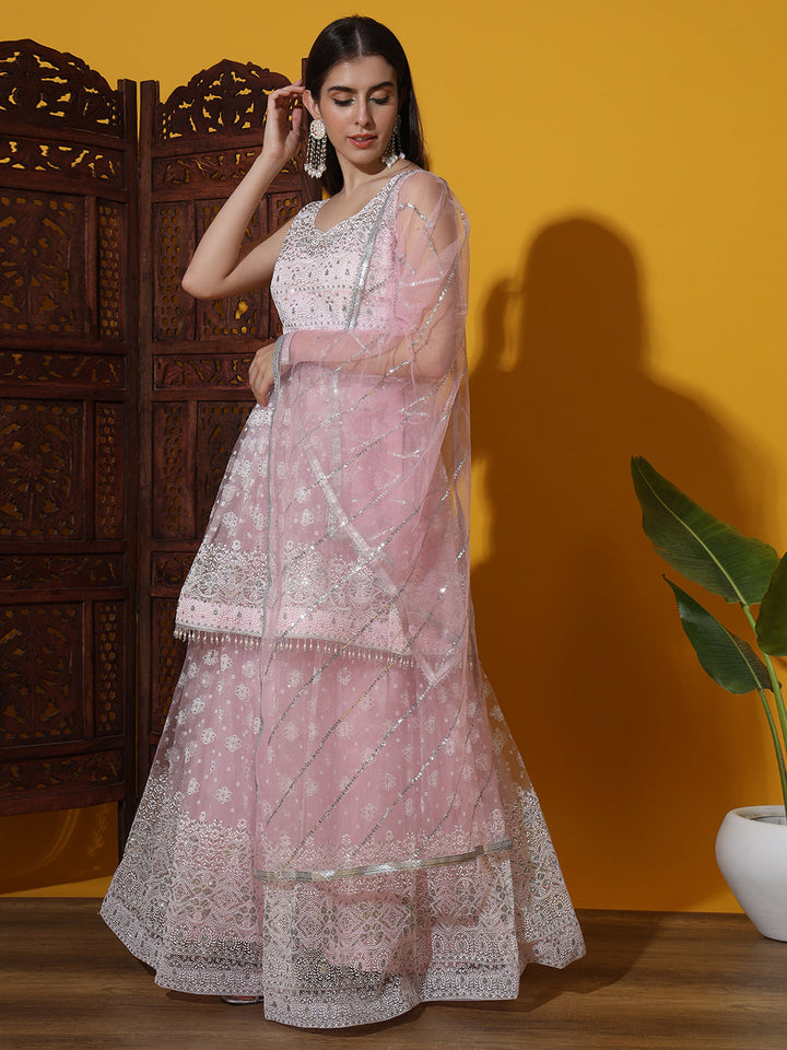 Pastel Chikankari Embroidered Kalidar Lehenga Choli Set