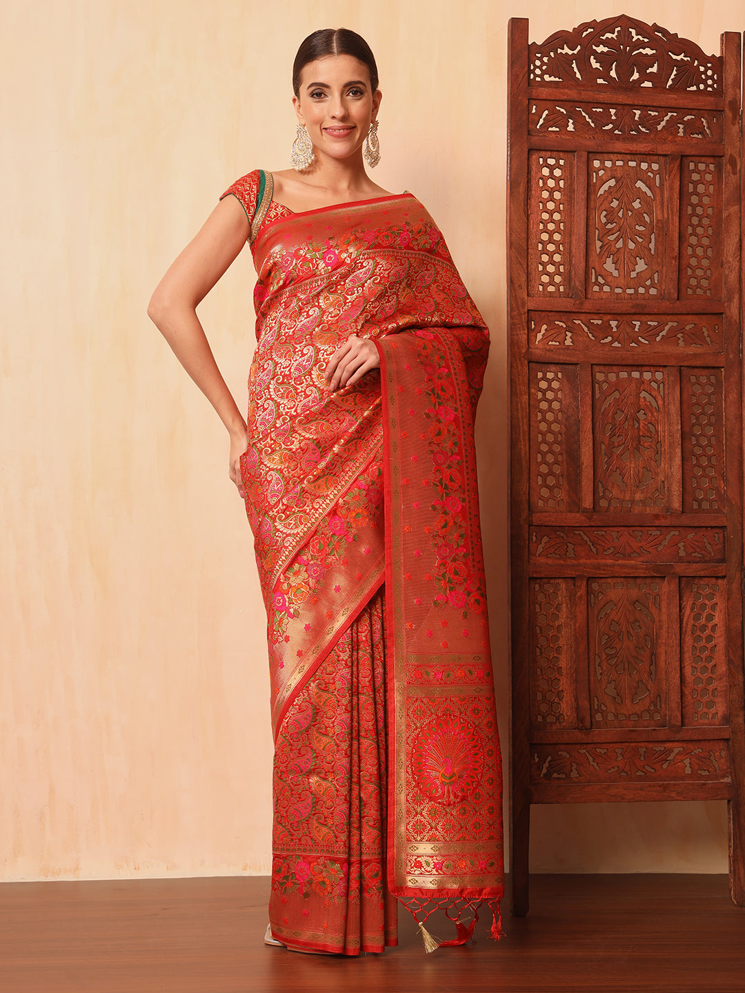 Red Khinkhwab Banarasi Brocade Handwoven Traditional Saree