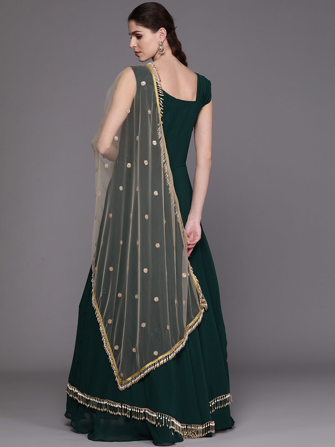 Layered Gown with Tassels and Gold Embellished Dupatta