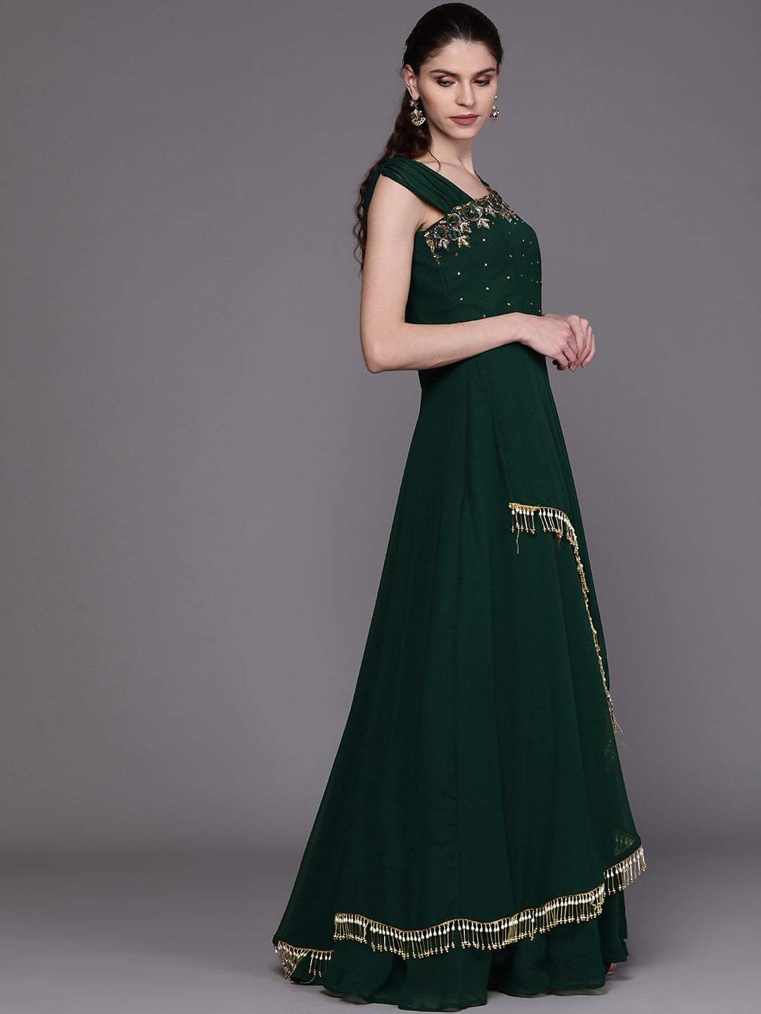 Layered Gown with Tassels and Gold Embellished Dupatta