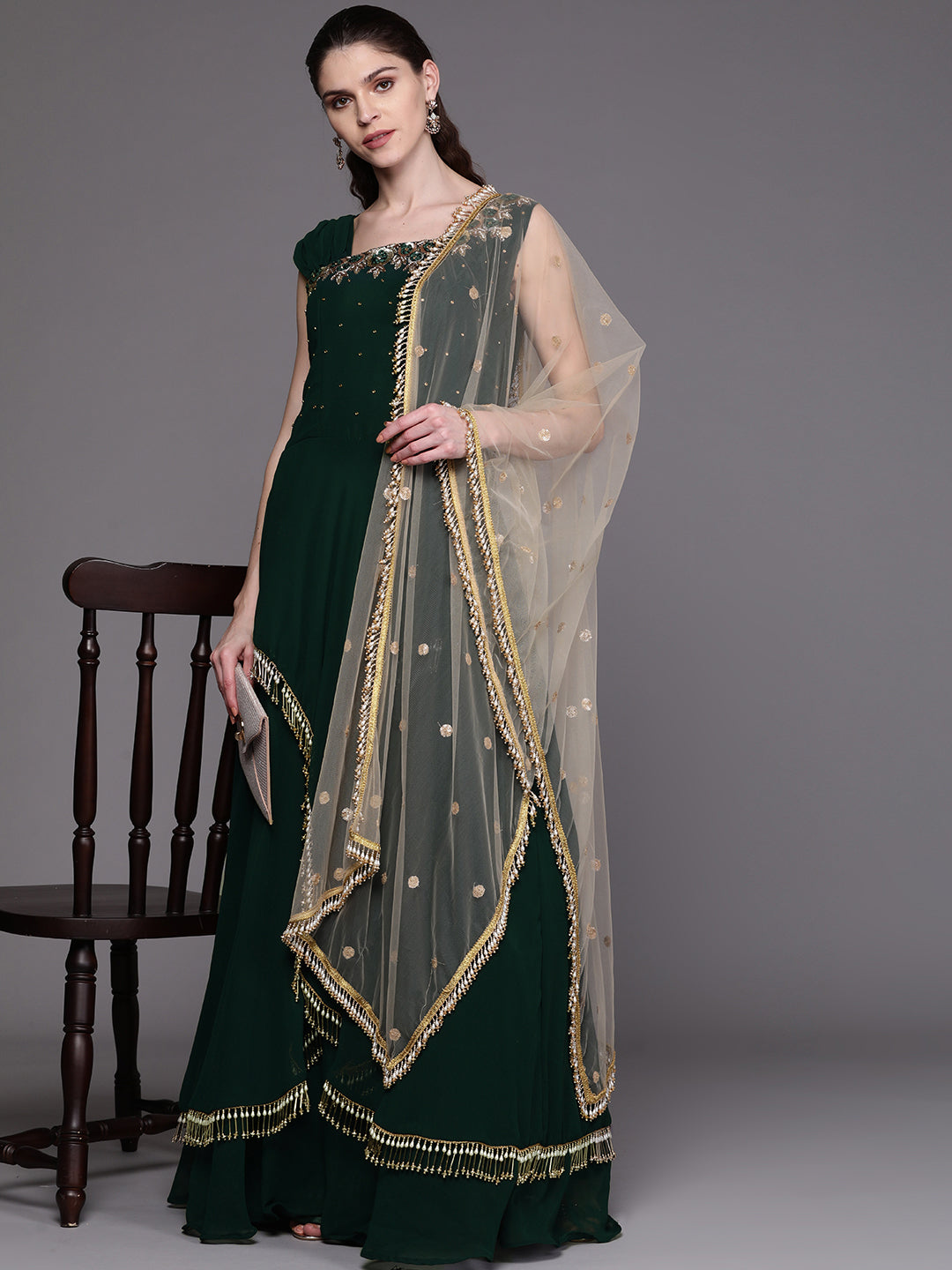 Layered Gown with Tassels and Gold Embellished Dupatta