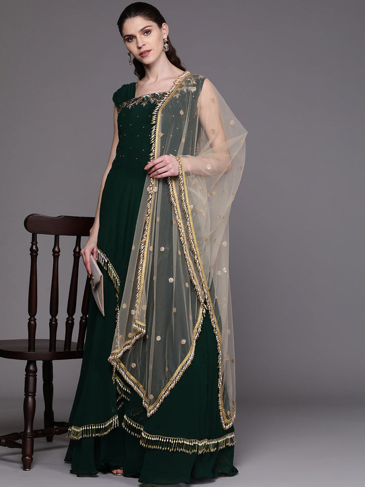 Layered Gown with Tassels and Gold Embellished Dupatta