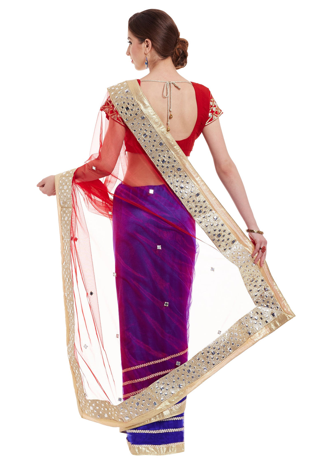Blue & Red Embroidered Net Half & Half Party Wear Saree