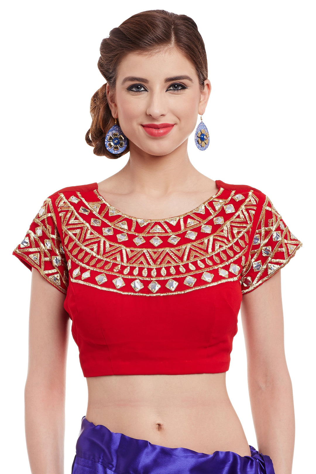 Blue & Red Embroidered Net Half & Half Party Wear Saree
