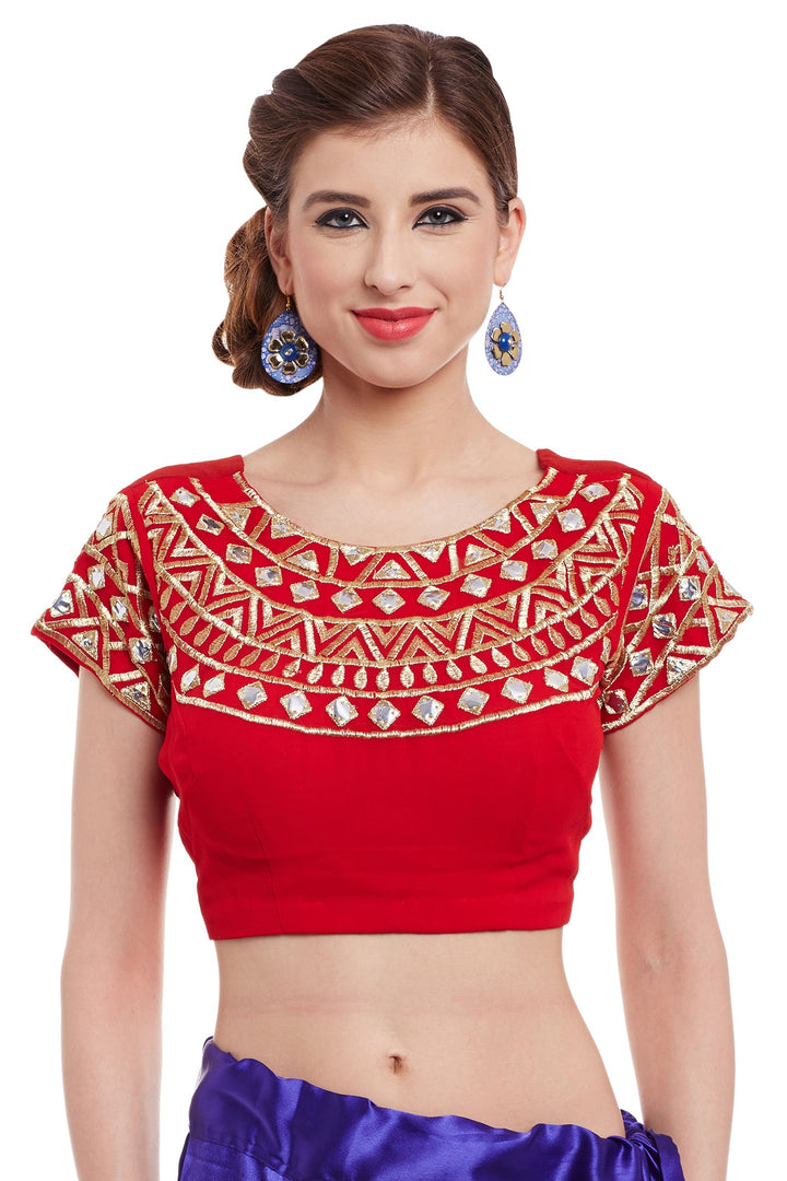 Blue & Red Embroidered Net Half & Half Party Wear Saree