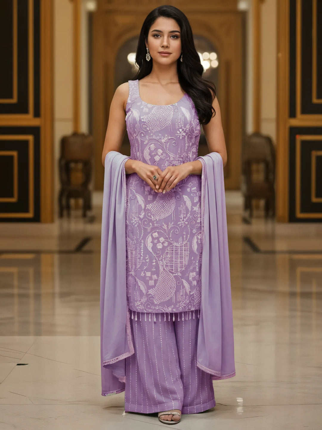Sequin & Cut-dana Embroidered Georgette Kurta Set with Tasseled Hemline & Palazzo