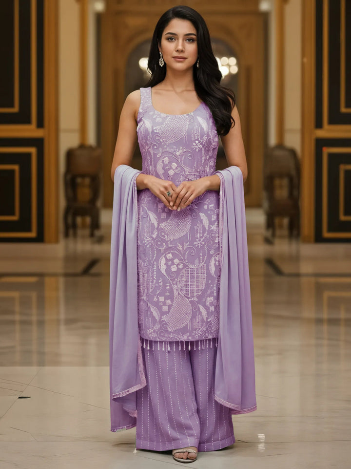 Sequin & Cut-dana Embroidered Georgette Kurta Set with Tasseled Hemline & Palazzo