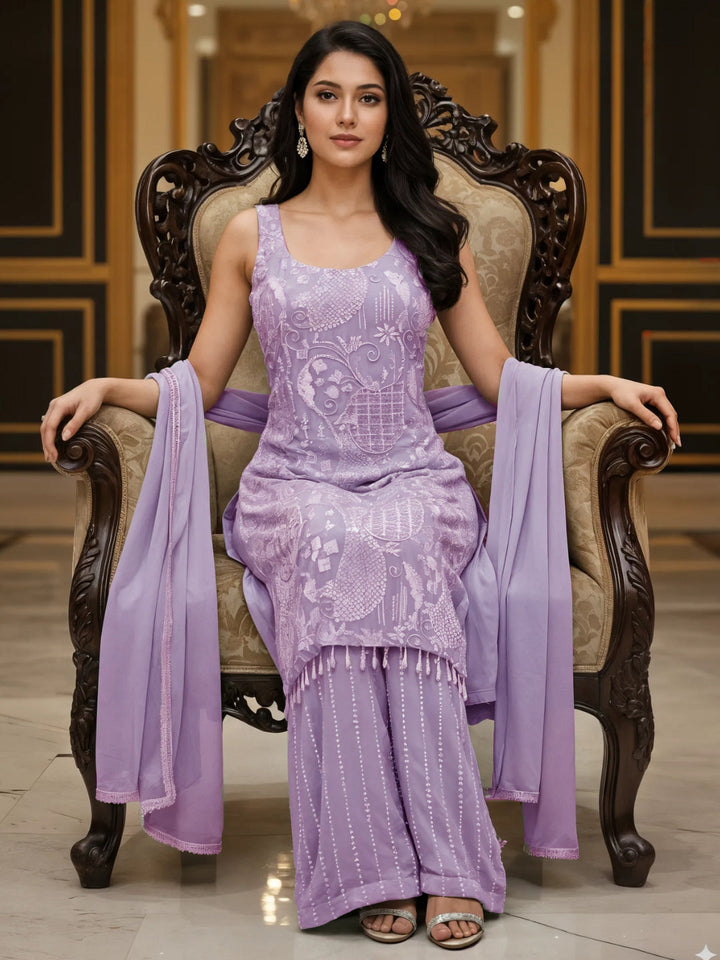 Sequin & Cut-dana Embroidered Georgette Kurta Set with Tasseled Hemline & Palazzo