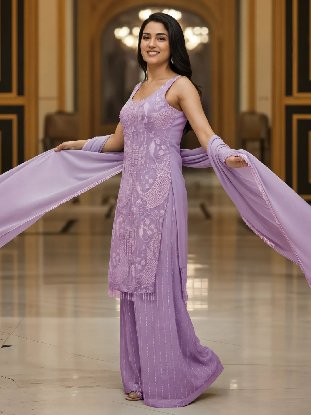 Sequin & Cut-dana Embroidered Georgette Kurta Set with Tasseled Hemline & Palazzo