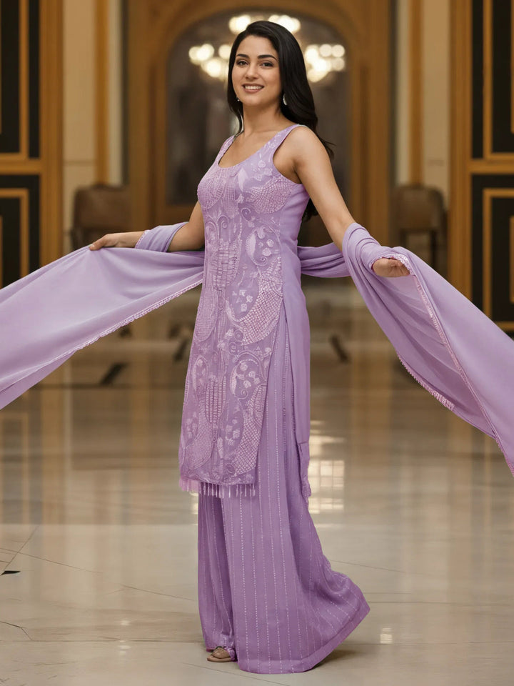Sequin & Cut-dana Embroidered Georgette Kurta Set with Tasseled Hemline & Palazzo