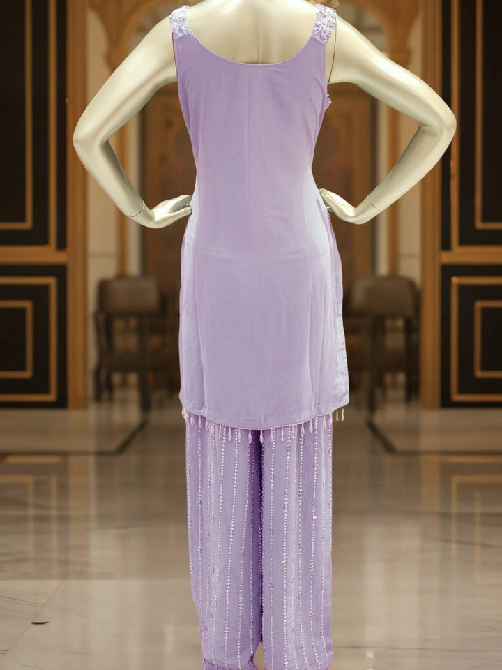 Sequin & Cut-dana Embroidered Georgette Kurta Set with Tasseled Hemline & Palazzo