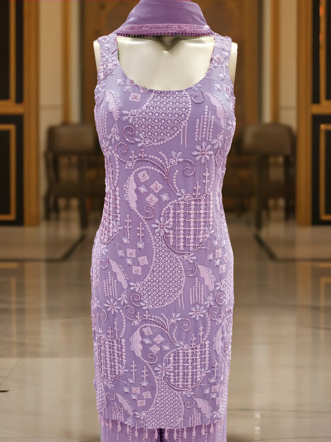 Sequin & Cut-dana Embroidered Georgette Kurta Set with Tasseled Hemline & Palazzo