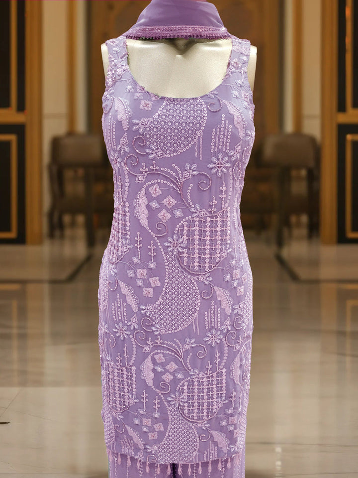 Sequin & Cut-dana Embroidered Georgette Kurta Set with Tasseled Hemline & Palazzo