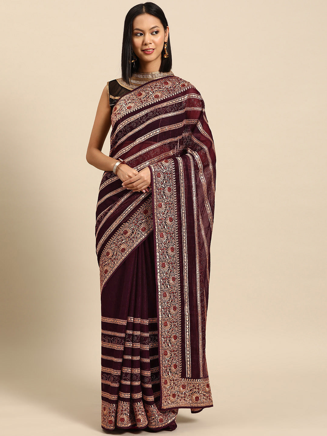 Burgundy Gold Aari Thread Embroidery & Swarovski Organza Saree