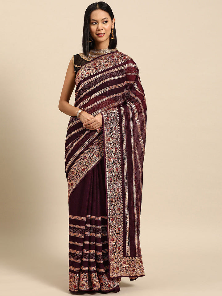 Burgundy Gold Aari Thread Embroidery & Swarovski Organza Saree
