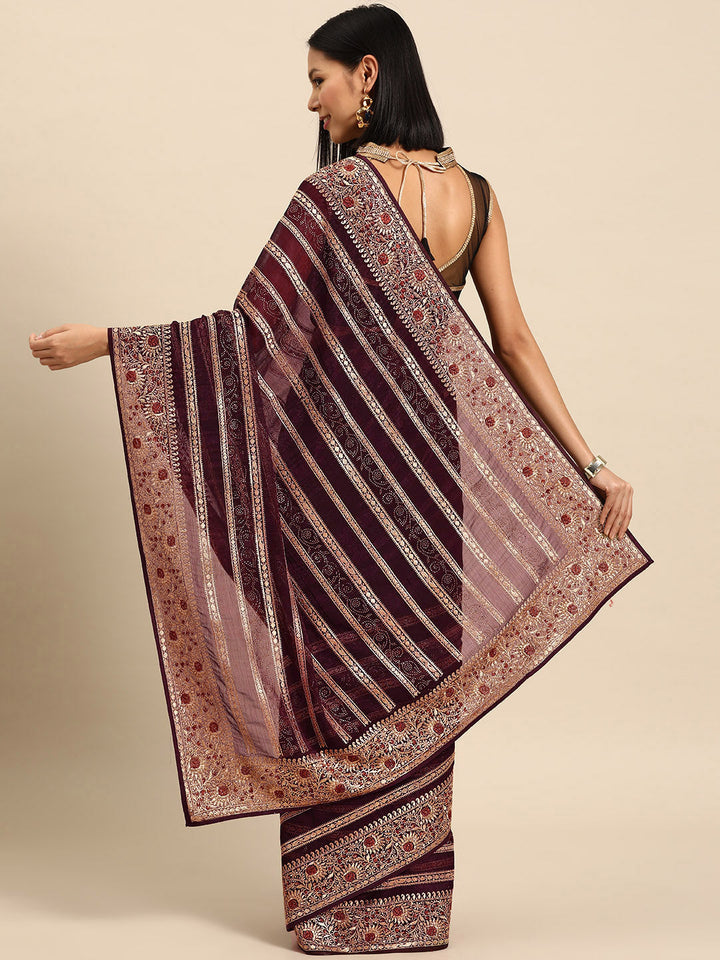 Burgundy Gold Aari Thread Embroidery & Swarovski Organza Saree