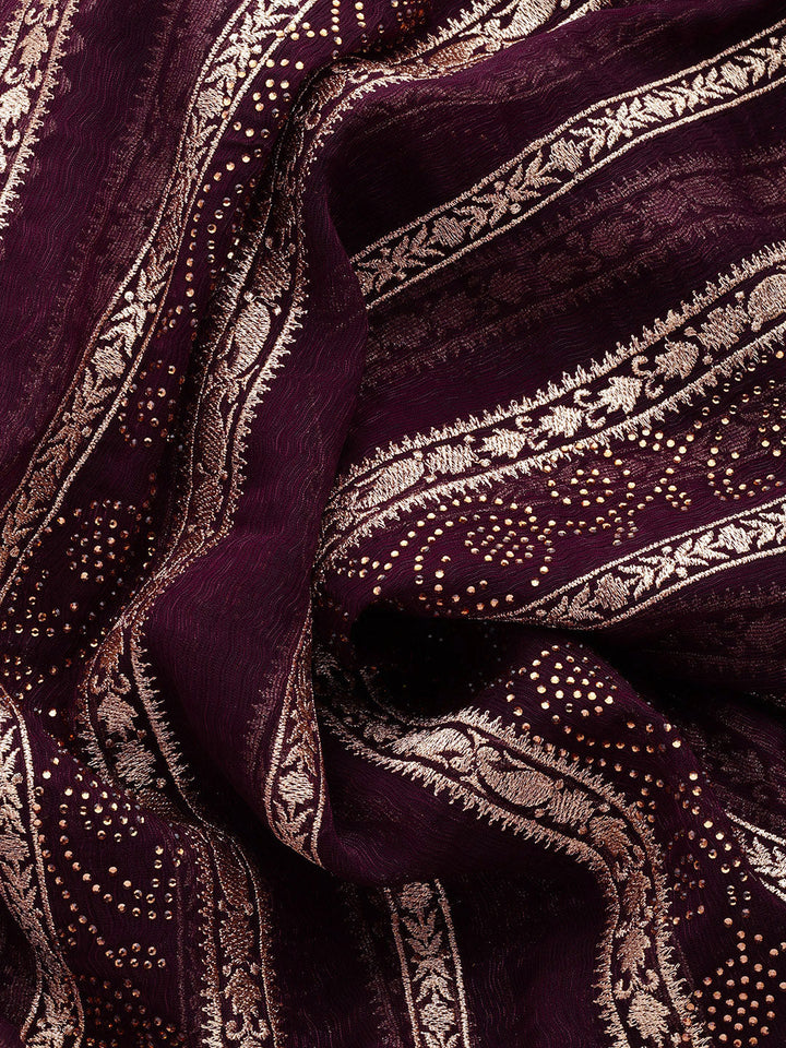 Burgundy Gold Aari Thread Embroidery & Swarovski Organza Saree