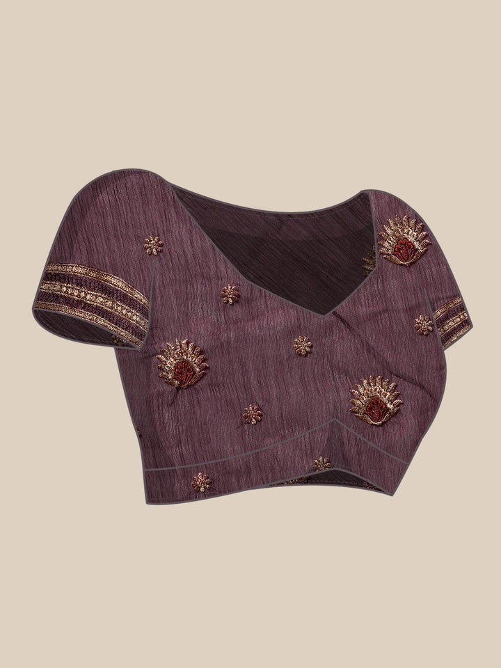 Burgundy Gold Aari Thread Embroidery & Swarovski Organza Saree