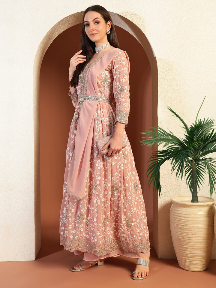 Chhabra 555 Chikankari Thread Embroidered High Slit Kurta set with Scalloped Sequinned Border & Belt