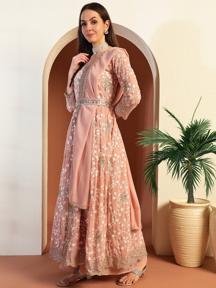 Chikankari Thread Embroidered High Slit Kurta set with Scalloped Sequinned Border & Belt
