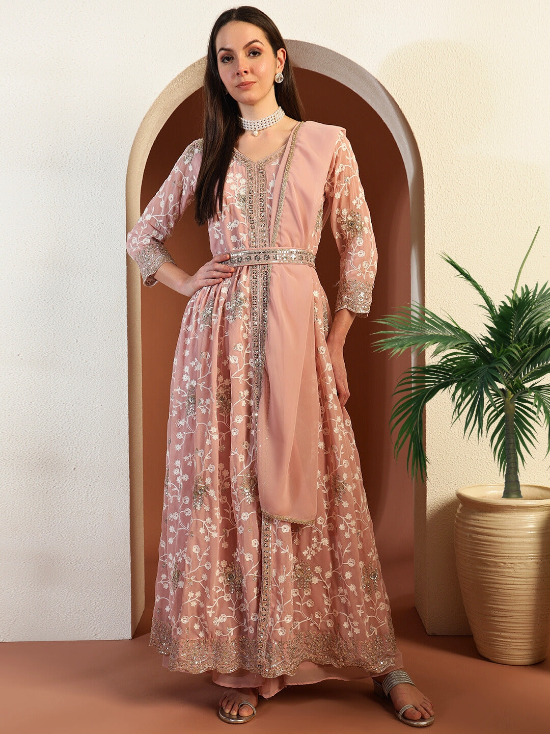 Chikankari Thread Embroidered High Slit Kurta set with Scalloped Sequinned Border & Belt