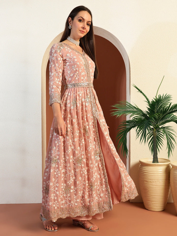 Chikankari Thread Embroidered High Slit Kurta set with Scalloped Sequinned Border & Belt